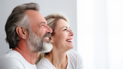 Happy mature couple. Senior man and woman in their 50s smiling by a bright window
