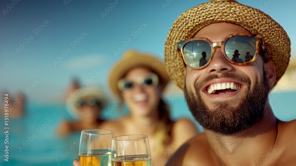 Aufkleber man with a beard and a straw hat is smiling and holding two glasses of beer. the image conveys a rel