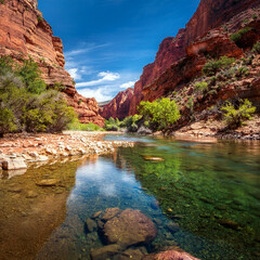 A crystal-clear river flowing through a rocky canyon