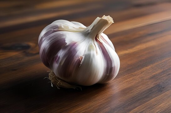 An extreme close-up of one garlic on the table