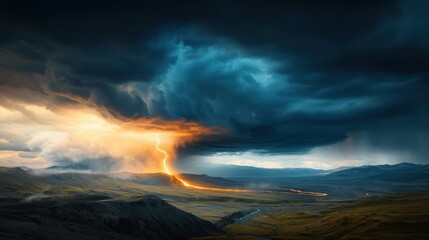 Dramatic storm clouds with lightning over a landscape.