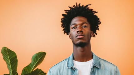Fototapeta premium A young man stands confidently against an orange backdrop, with lush green leaves beside him, showcasing a modern and vibrant aesthetic.