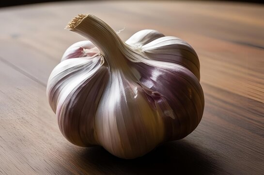 An extreme close-up of one garlic on the table