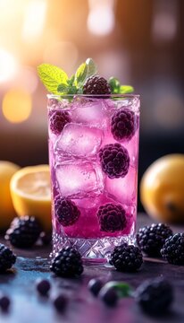 fresh squeezed blackberry lemonade cocktail in a glass