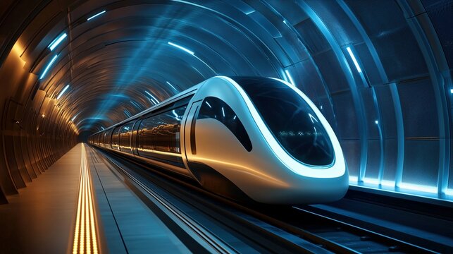 A futuristic hyperloop concept train inside a high-tech tunnel