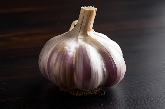 An extreme close-up of one garlic on the table