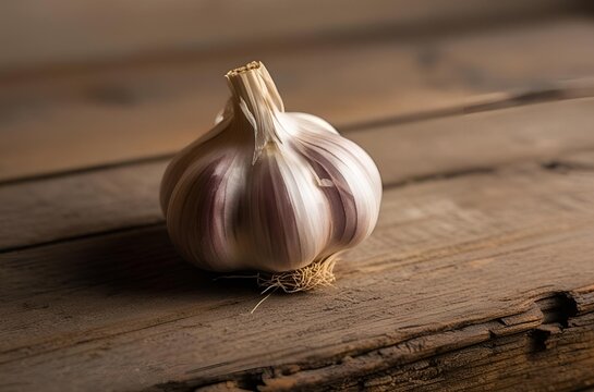 An extreme close-up of one garlic on the table
