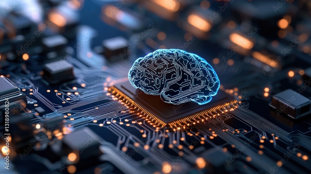 Poster digital brain on a circuit board representing technology.