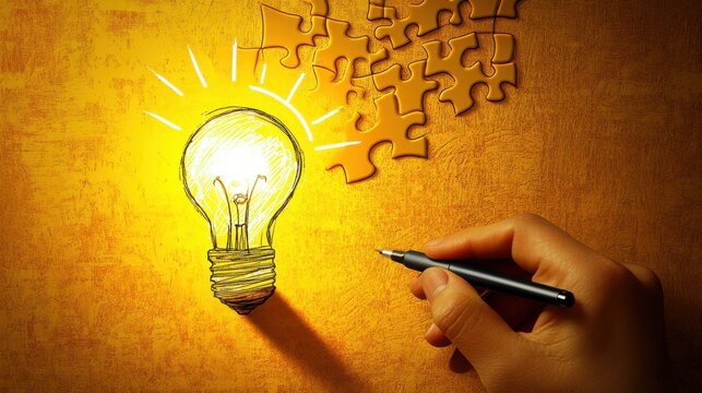 Dibujo de bombilla con mano y piezas de rompecabezas