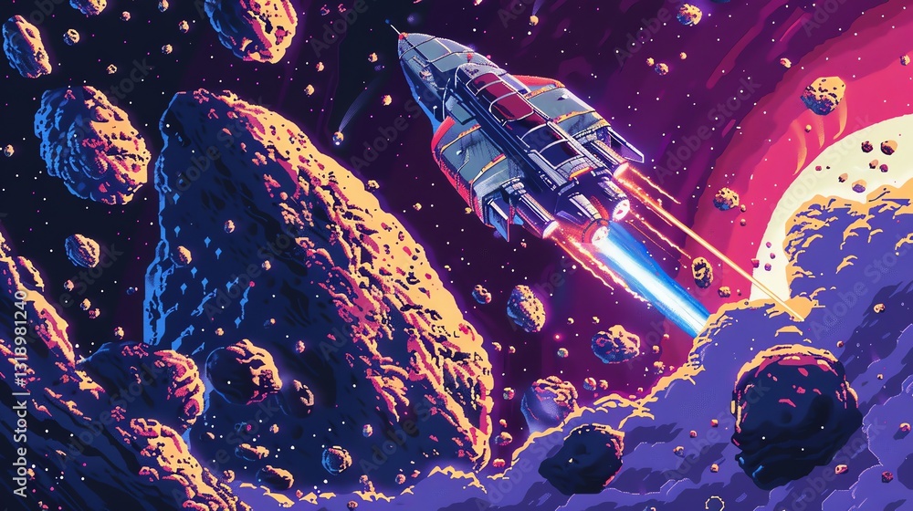 Wall mural a spaceship blasts through an asteroid field in space.