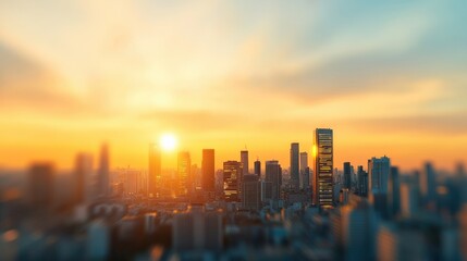 Fototapeta premium City skyline at sunset with vibrant colors.