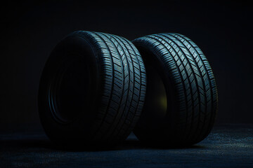 Car tires on dark background, selling tires, tire store banner	
