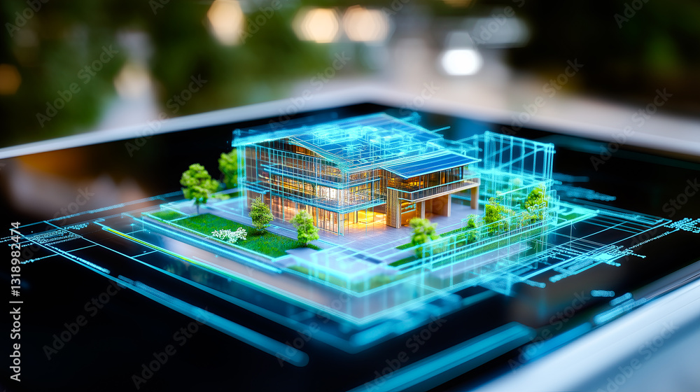 Poster building information modeling, model in perspective standing on a platform, holographic augmented re