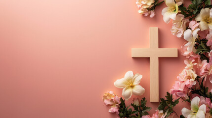 Easter,bunny,flower,Eggs,Rabbit E2A wooden cross surrounded by pastel-colored flowers on a soft pink background, symbolizing faith and renewal.