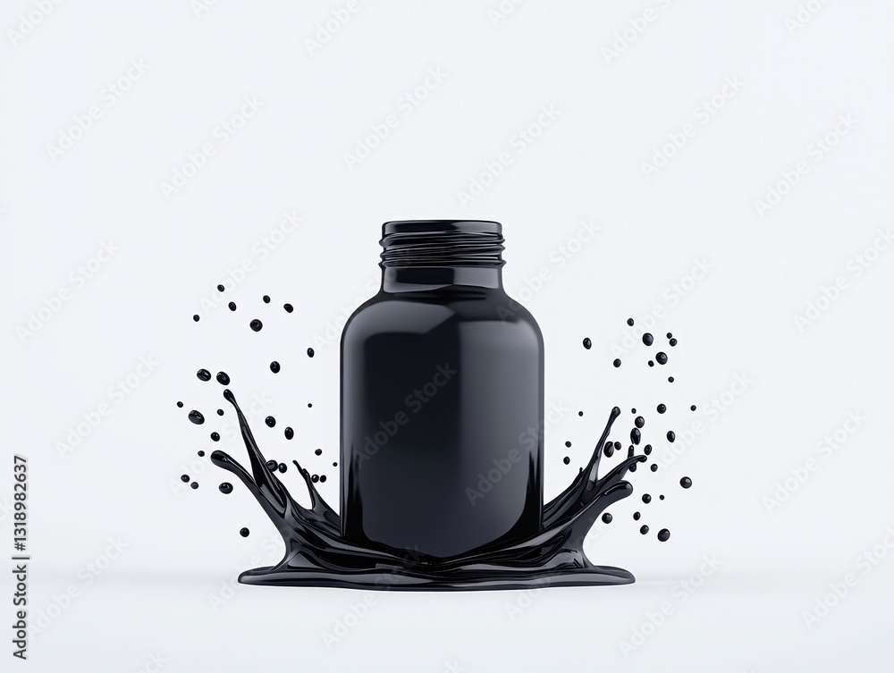 Poster black paint bottle splashing in a dynamic display against a white backdrop