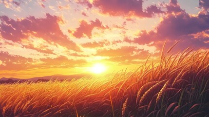 Golden Field Of Grain Beneath A Beautiful Sunset Sky