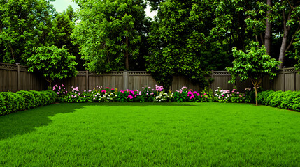 Obraz premium A backyard with a fence and flowers in the middle of it