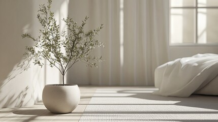 Neutral-toned minimalist living room featuring ceramic vase with greenery, soft textures and airy layout for wellness blogs.