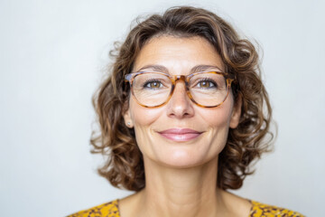 Obraz premium Smiling woman with curly hair and glasses against a light background