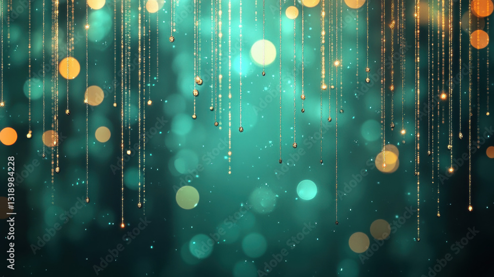 Poster glitter background, abstract background with floating golden and teal bokeh lights creating a dreamy