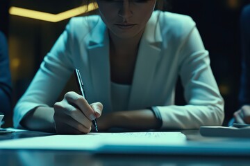 Businesswoman Writing Notes in Meeting with Focus