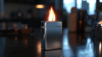 A metallic lighter with a flame igniting on a dark surface