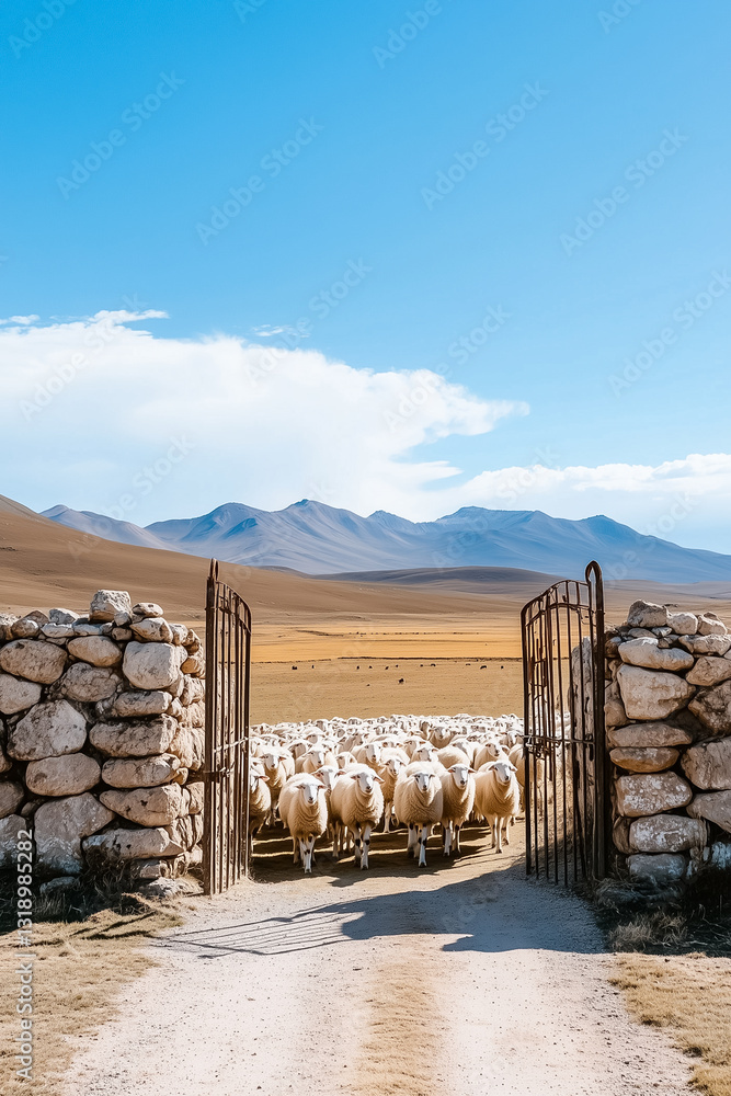 Poster a flock of sheep makes their way through an open gate, surrounded by sturdy stone walls and a vast, 