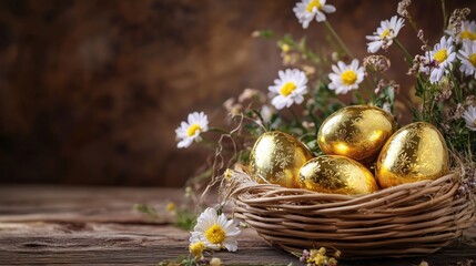 A basket of golden Easter eggs placed on a wooden table with fresh flowers