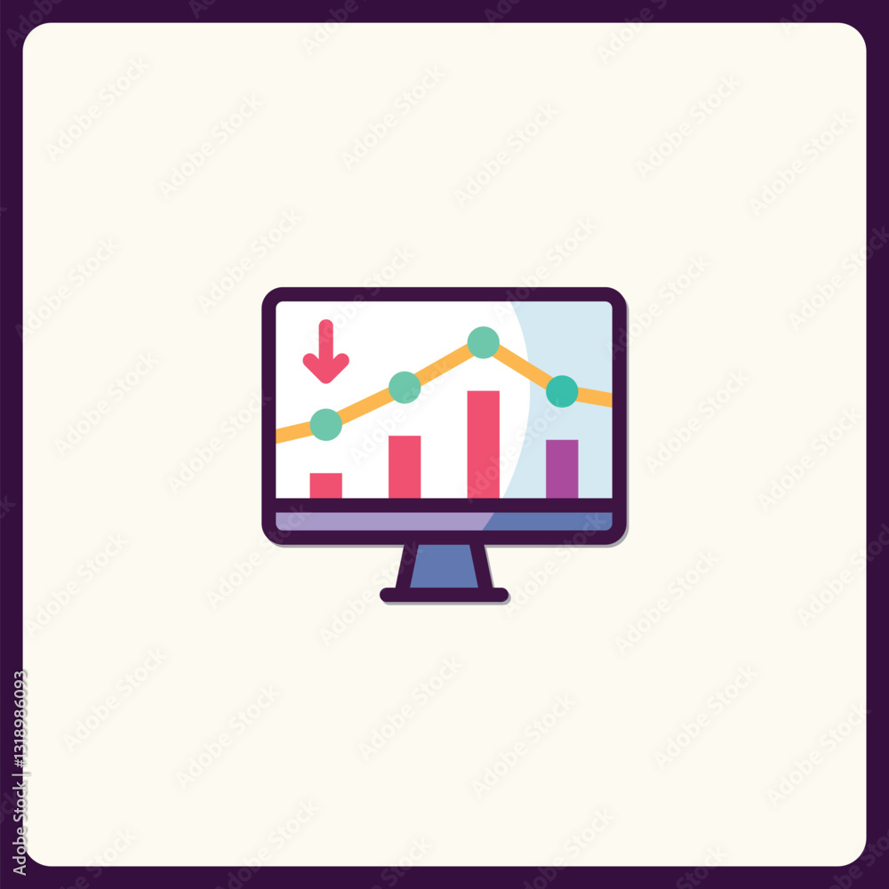 Poster graphical decline displayed on a monitor screen icon with downward arrow