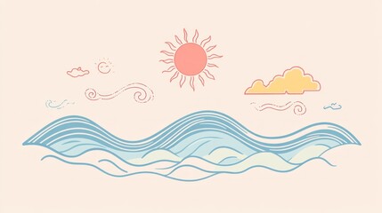 Abstract beach scene with sun and clouds. Possible use Background for digital product, social media, or website