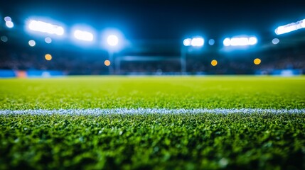 Nighttime football stadium with glowing field lights and a blurred crowd backdrop, capturing the energy of the game.
