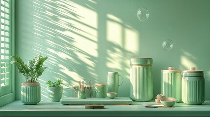 Pastel green home decor, sunlight through window