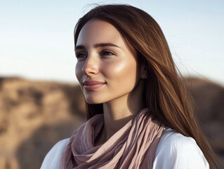 Fototapeta premium Woman outdoors with long hair and scarf against scenic landscape during daylight