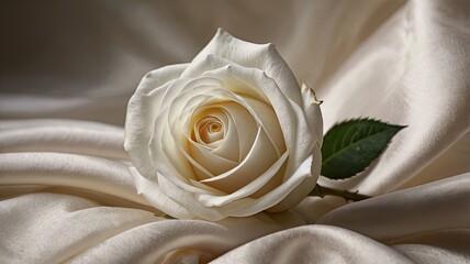 A white rose is on a bedspread