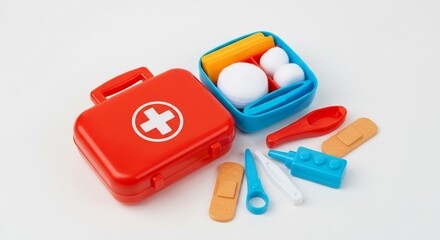 Brightly colored plastic toy first aid kit neatly arranged against white background. AI Generated