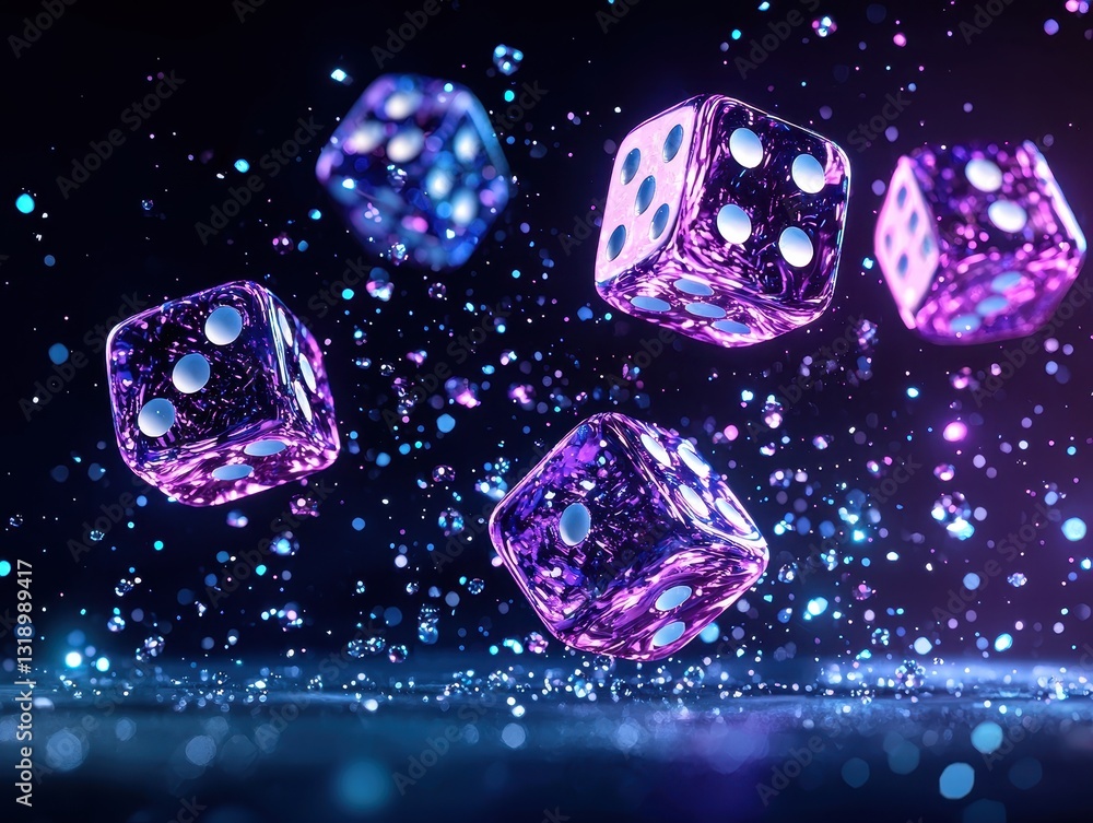 Poster colorful dice floating in mid-air with sparkling particles in a dark background