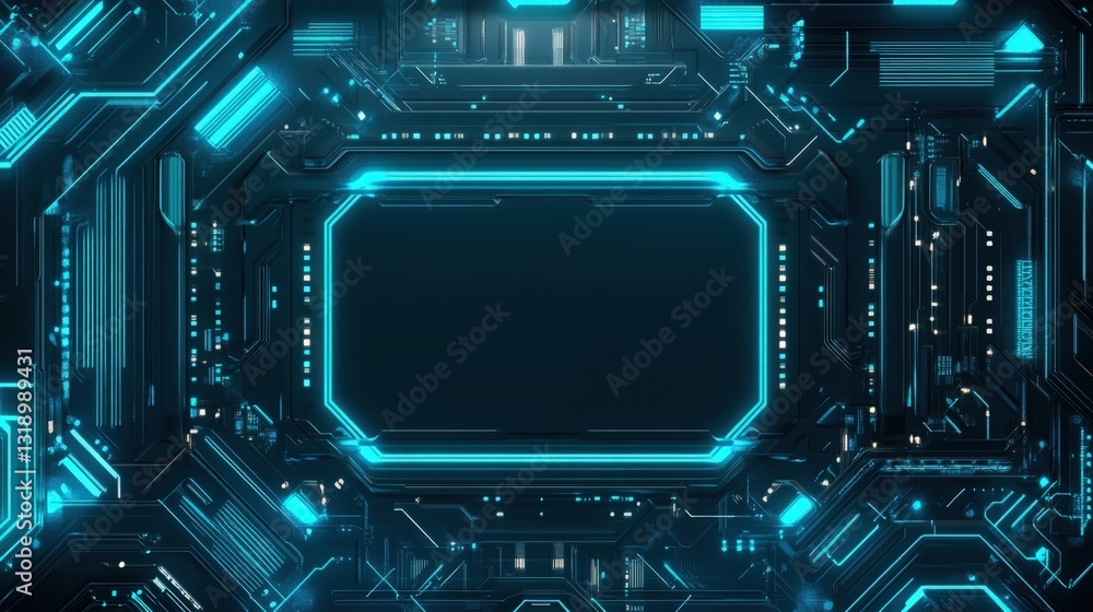 Poster futuristic abstract background with glowing neon circuit board design, symbolizing technology and in
