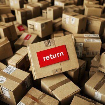 Pile of cardboard boxes with red return labels. Many packages waiting to be processed