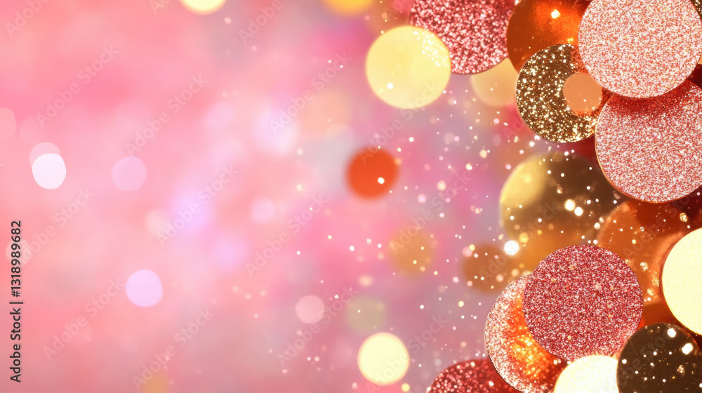 Poster glitter background, colorful bokeh with shimmering circles on a soft pink background, creating a vib