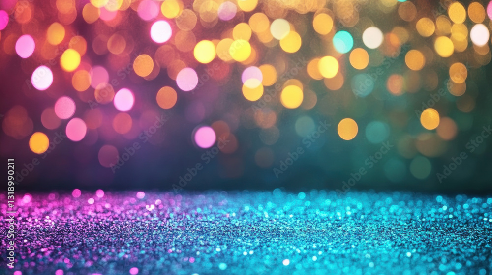 Poster glitter background, vibrant bokeh lights create a colorful, shimmering background with a sparkly sur