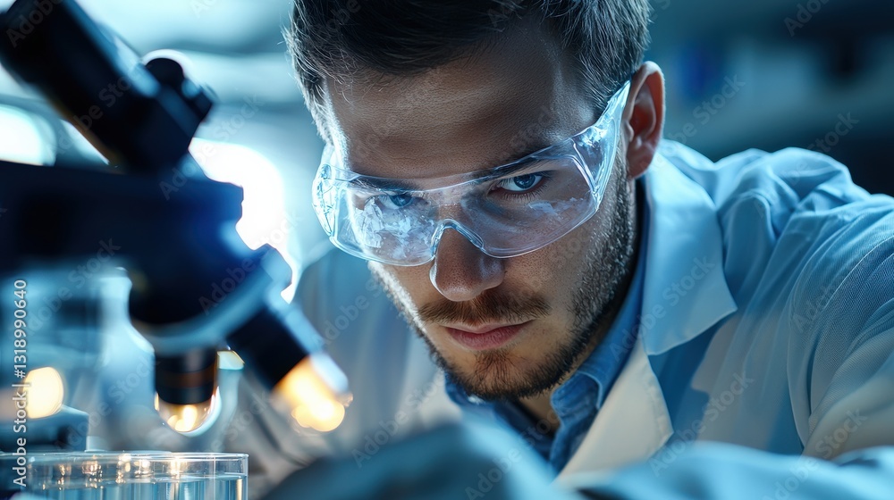 Poster scientist examining a sample under a microscope in a lab.
