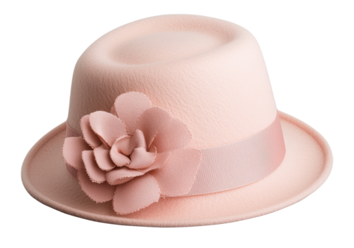 Elegant pink felt hat with a stylish floral decoration on the side. featuring ribbon band and fabric flower, a fashionable accessory for formal or casual wear. Isolated on transparent background, png.