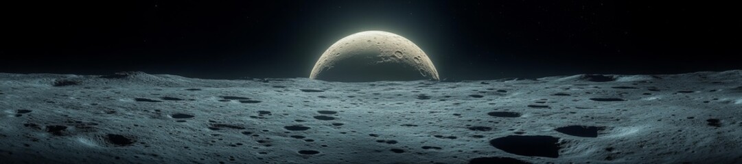 Moon's surface with distant spacecraft and Earth visible. Generative AI