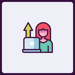 Woman Using Laptop with Arrow Up Symbolizing Growth and Achievement Icon