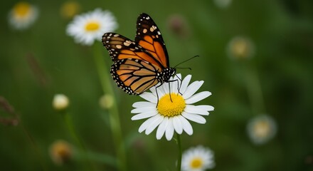 Obraz premium Monarch butterfly gently rests on daisy soft petals bathed in warm sunlight. AI Generated