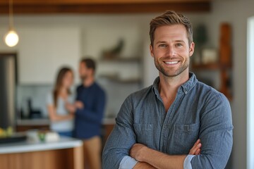 Realtor wearing a suit smiles confidently in stylish living room