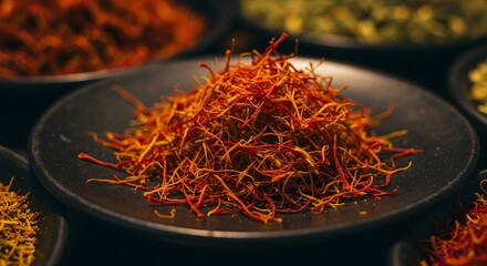 Fototapeta premium Saffron threads piled high on a dark plate showcasing the spice's vibrant red and orange hues