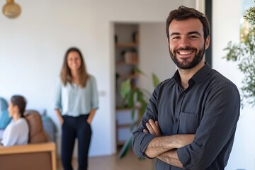 Realtor wearing a suit smiles confidently in stylish living room