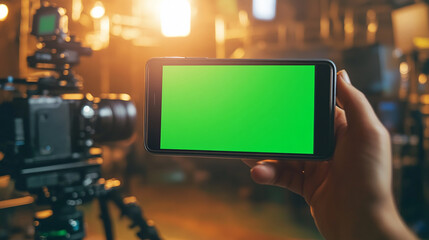 A person is holding a green phone in front of a camera. The phone is displaying a green screen, which could be used for filming or editing purposes