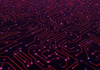 Intricate glowing circuit board displays vibrant red pathways. AI Generated